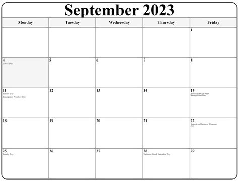 monday through friday calendar 2022